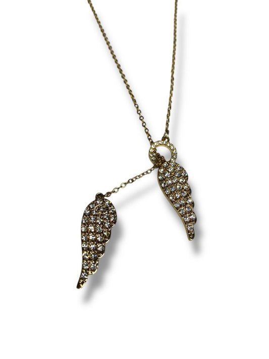 Goldtone Necklace Overhead Adjustable Feathers Rhinestones 26"