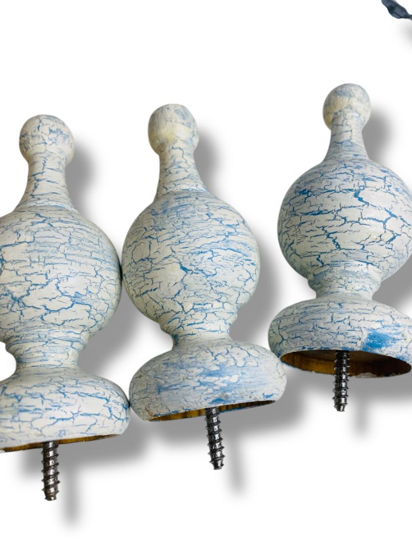 Vintage Wooden Set of 4 Finial Posts White Blue Crackle Paint 4.25" Screw In