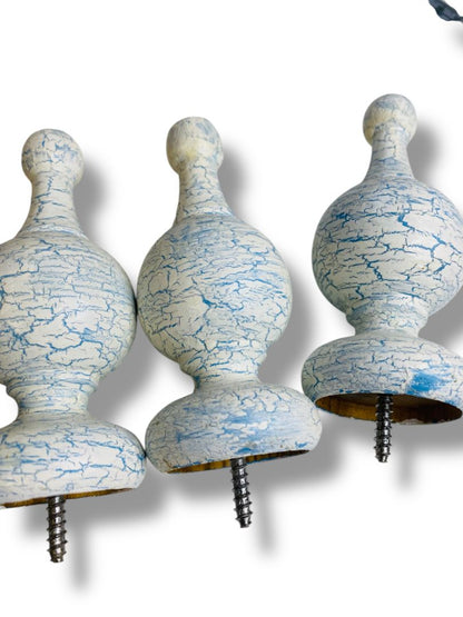 Vintage Wooden Set of 4 Finial Posts White Blue Crackle Paint 4.25" Screw In