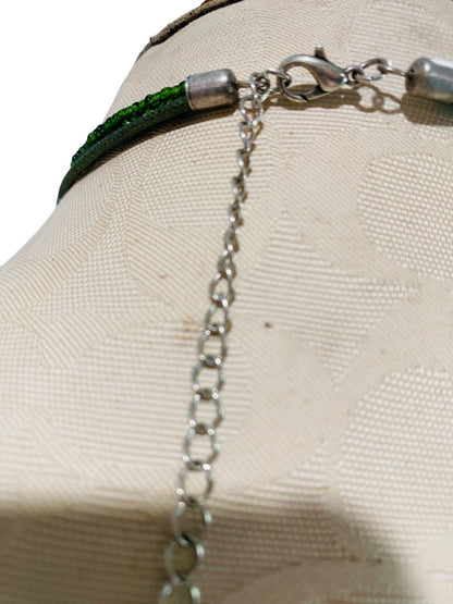 Green Silvertone Multistrand Pendant Necklace 16-19" Funky