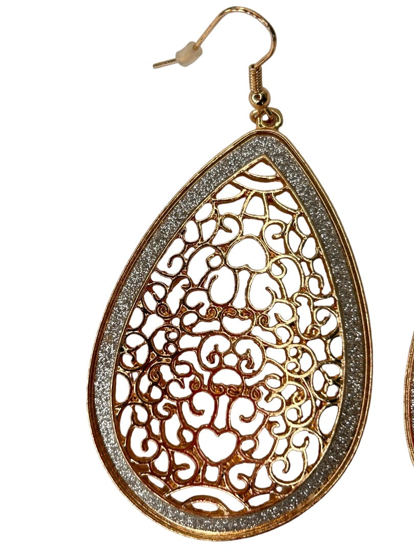 Goldtone Filigree Cutout Earrings Teardrop Shape Pierced Hook 2.25" Drop Dangle