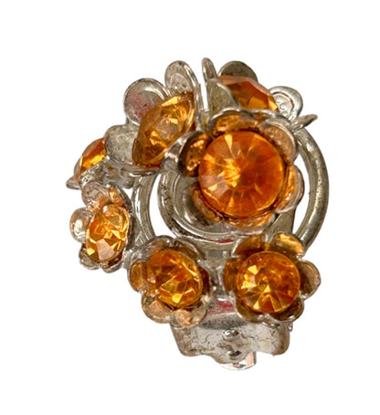 Bella Signora 1990s Clip On Orange Crystal  Earrings 3/4" Diameter Non-Pierced Silvertone