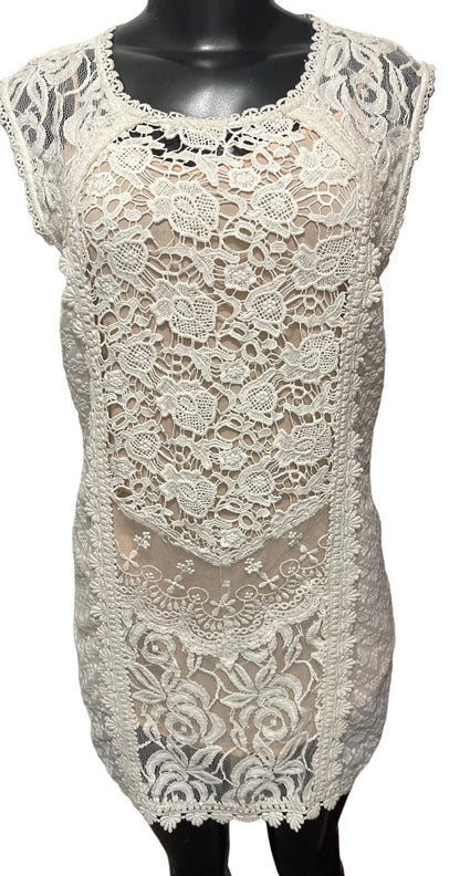 XS Champagne & Strawberry Lace Mini Dress Buttons Lined Ivory Nude Lining