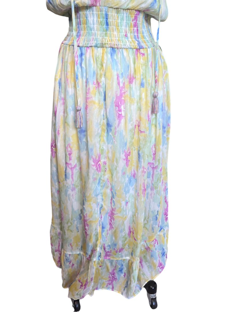 Size 8 Anthropologie Watercolor Print Spring Sleeveless Maxi Dress Lined Elastic Waist Tassle Ties