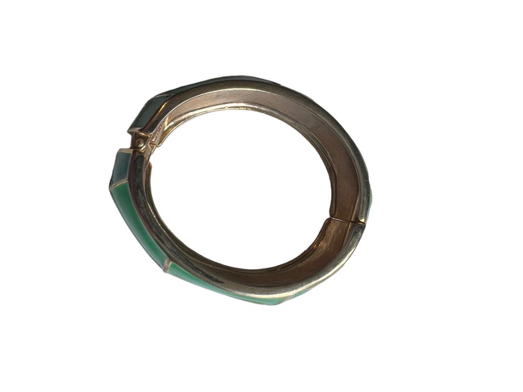 Goldtone Metal Hinged Bangle Bracelet Green Enamel Preppy