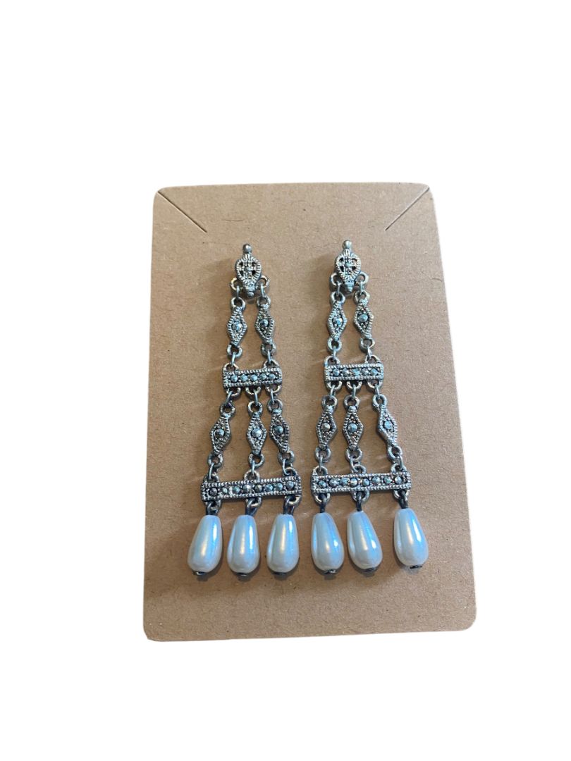 Chanedelier Teardrop Faux Pearl Silvertone Ornate Pierced Earrings