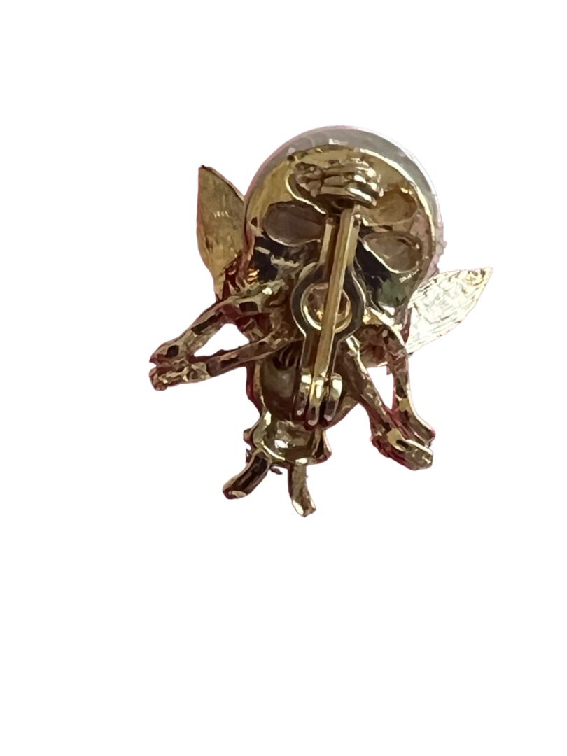 Faux Pearl Gold Tone Fly Insect Brooch Pin Spring Wings Rhinestone