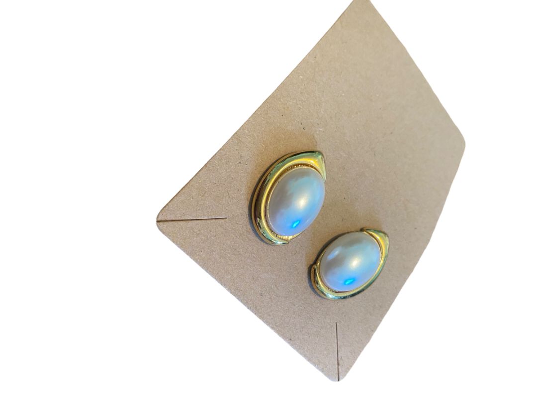 Faux Pearl Oval Gold Crescent Accent Pierced Earrings