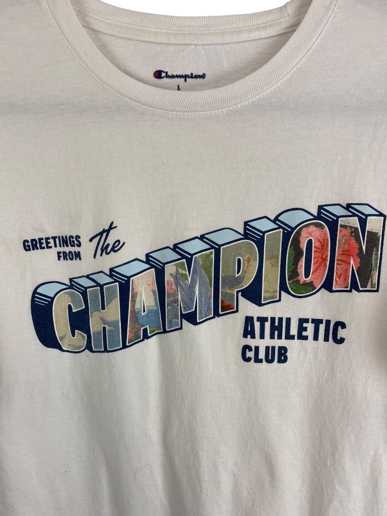 Large Champion Men's White Tshirt Short Sleeve "Greetings from the Champion Athletic Club"