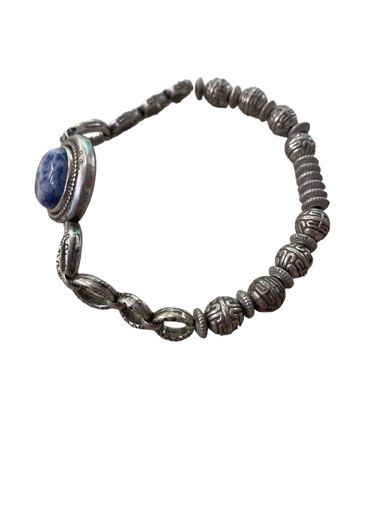 Magnabilities Silvertone Antiqued Stretch Bracelet Blue White Stone Inset Removable