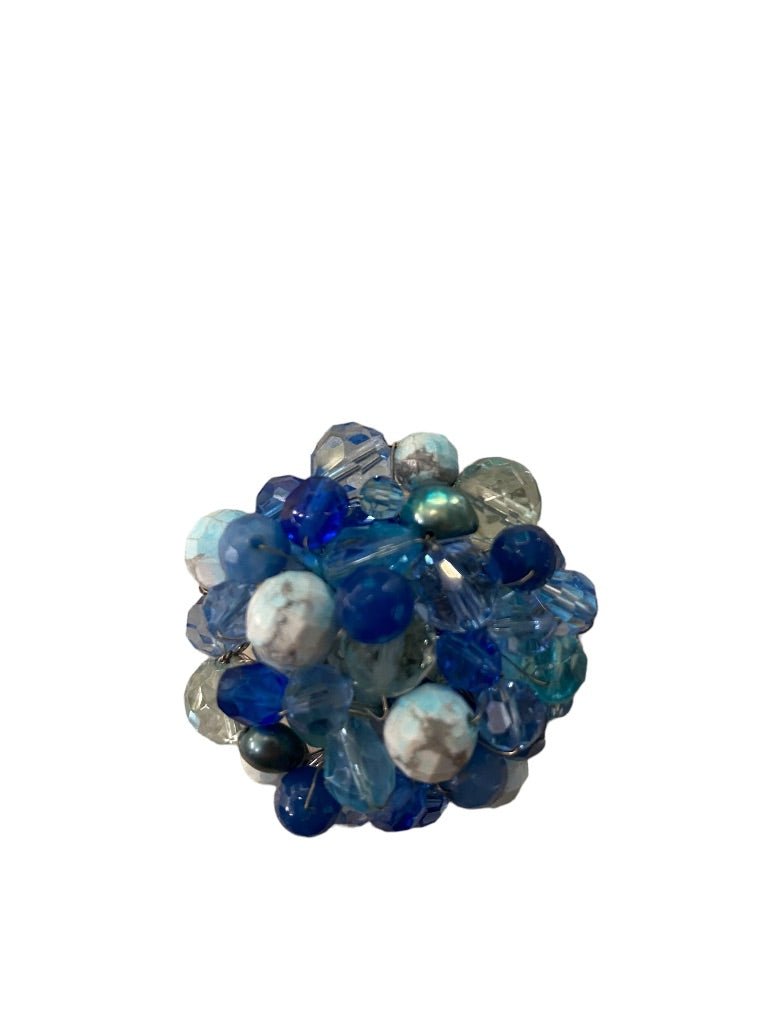 Mixed Blue Tones Beaded Cluster Brooch Statement 2.5" Diameter Pin