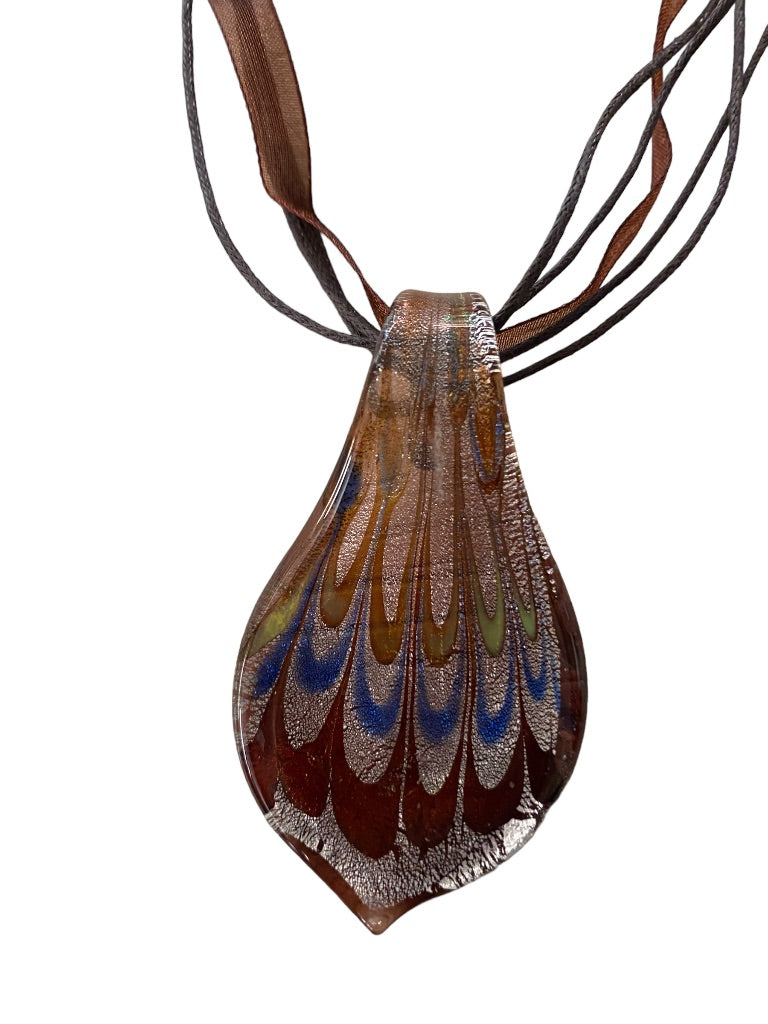 Glass Pendant Necklace 19" Ribbon and Cord Brown Tones 2.5" Drop Pendant