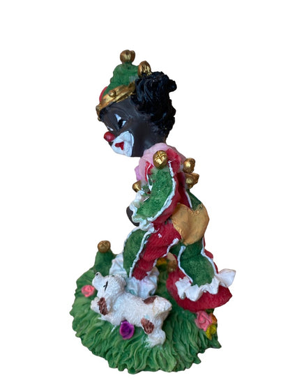 Resin Clown Figurine Green Red Brown Skin Jester Running Dog Grass 4.5"