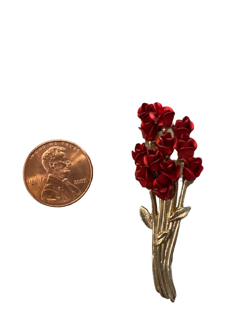 Signed DM Danbury Mint for Avon Brooch Red Goldtone Rose Bouquet 2.25" 1997