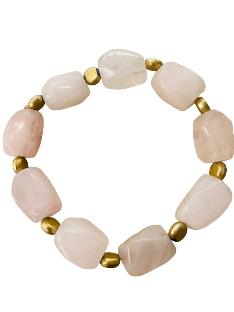 Beaded Stone and Goldtone Spacer Stretch Bracelet Blush Pink 2.5" Inside Diameter