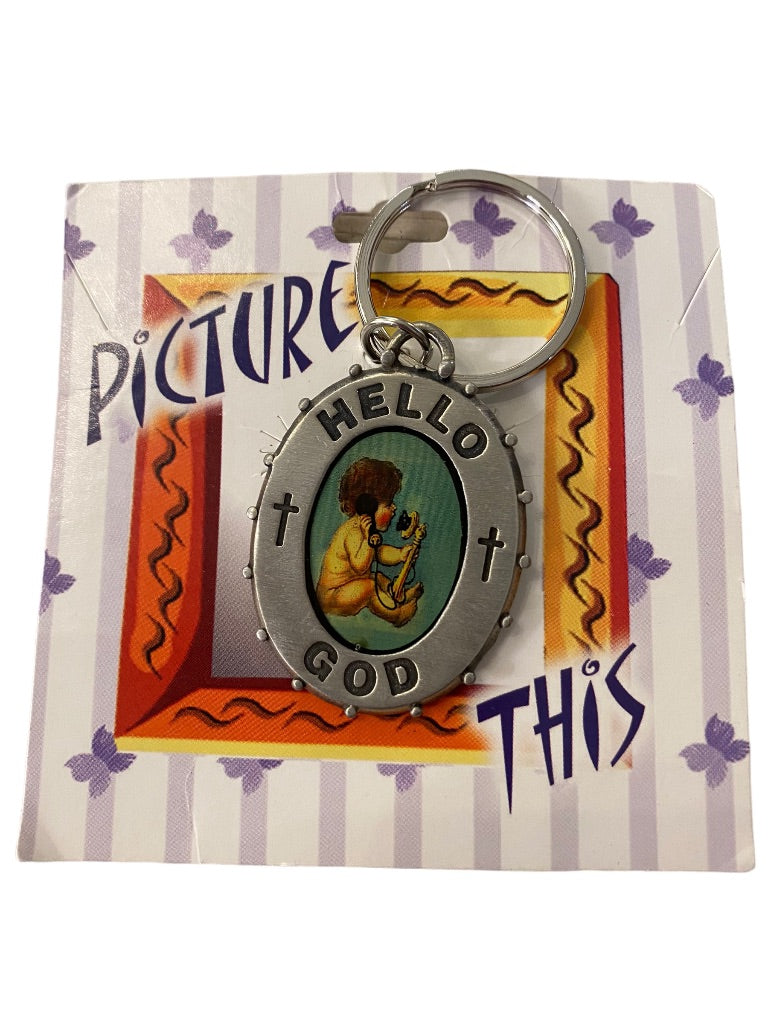 New "Hello God" Picture This Pewter Keychain Key Ring 2"