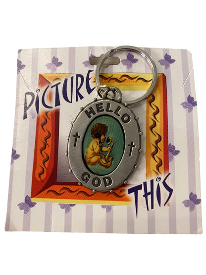 New "Hello God" Picture This Pewter Keychain Key Ring 2"