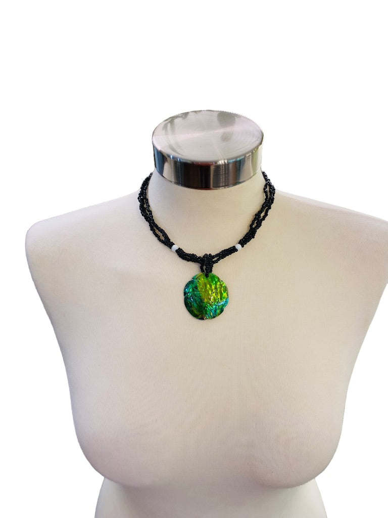 Seed Bead 16" Necklace Painted Green Shell Button Toggle Closure Beachy