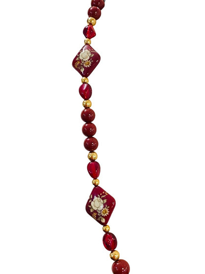 Red Burgundy Vintage 1980s Beaded Necklace Goldtone Floral Chunky 30" Spring Clasp