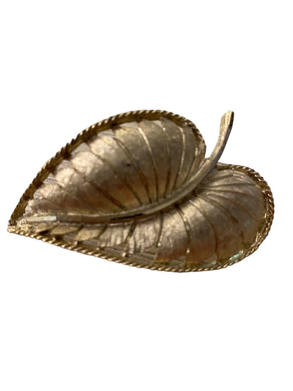 Signed BSK Goldtone Brooch Brushed Leaf Textured 2.1" Pin