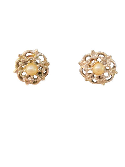 Vintage Silvertone Intricate Post Stud Earrings Faux Pearl Center Flower