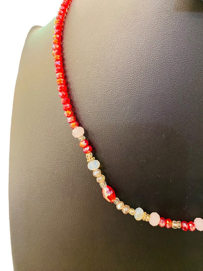 Red Crystal Beaded Necklace Clear Silvertone Necklace 18"