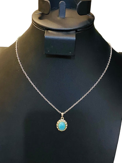 Silvertone Delicate 18" Chain Necklace with Faux Turquoise Pendant