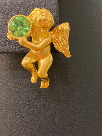 Vintage Avon Signed Guardian Angel Lapel Pin Peridot Cherub 1"