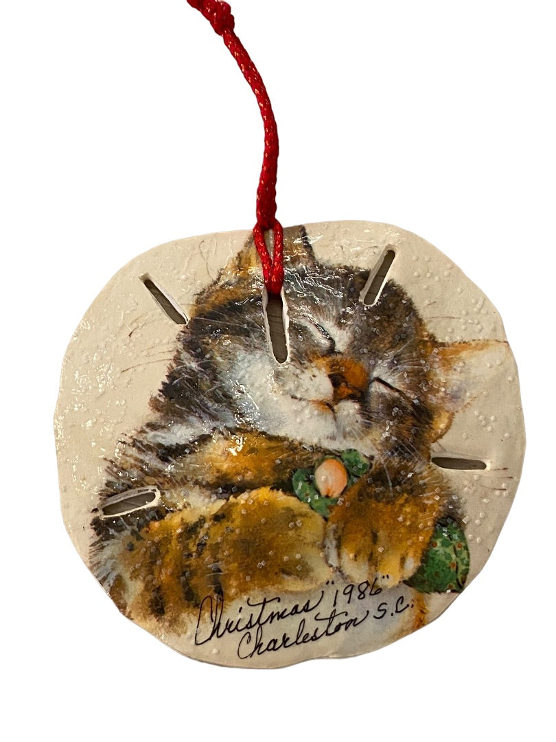 Christmas 1986 Charleston SC Sand Dollar Kitten Ornament Holiday