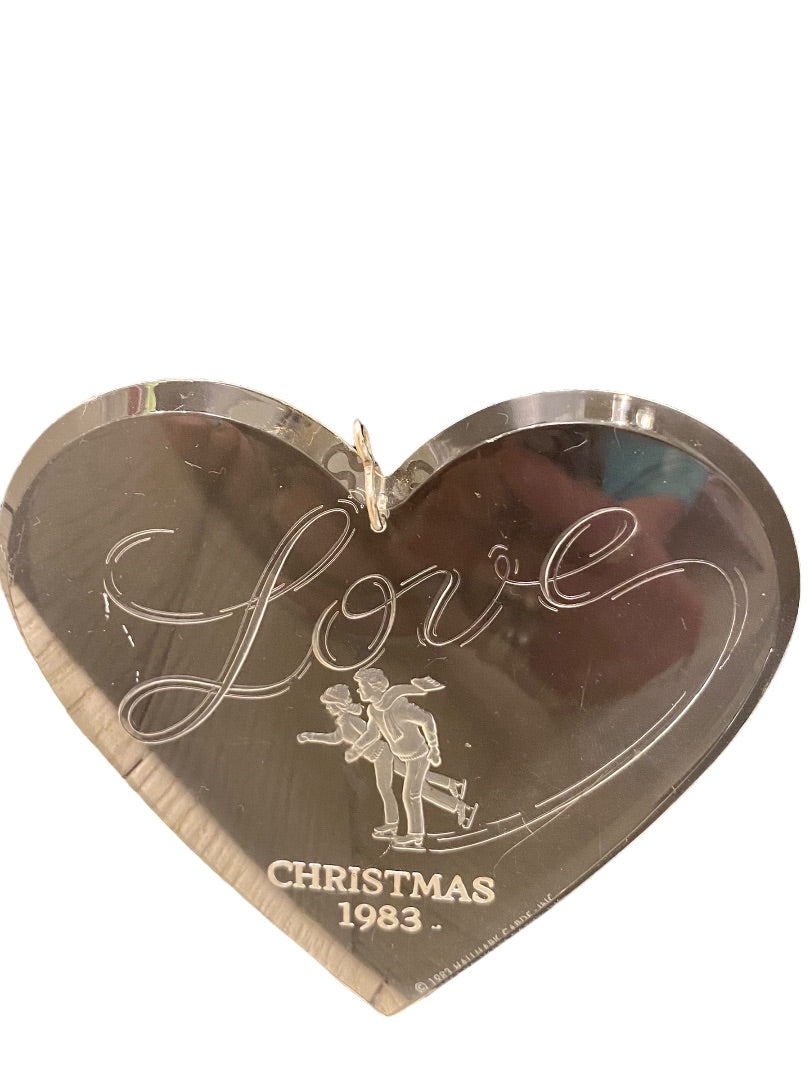 Clear Acrylic Christmas 1983 Ornament Love Ice Skaters Heart Shape 3 3/4"