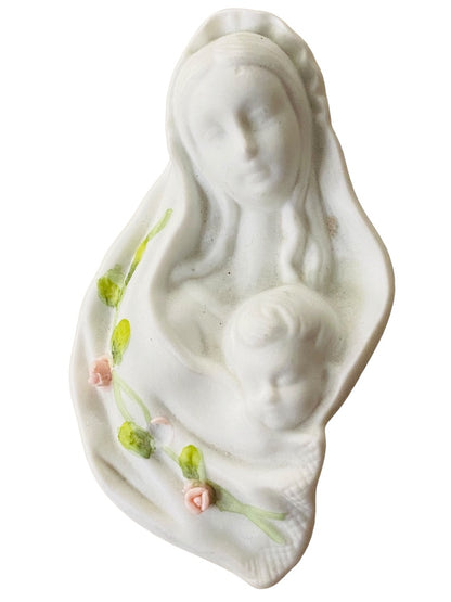 Madonna And Child By Autom White Bisque Porcelain Flowers Figurine Wall Hanging