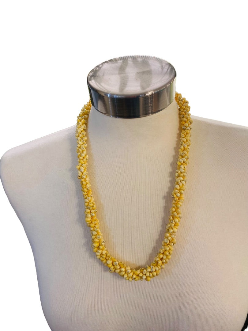 Yellow Cluster Shell Necklace Ribbon Tie Vintage 25" Twist Strand