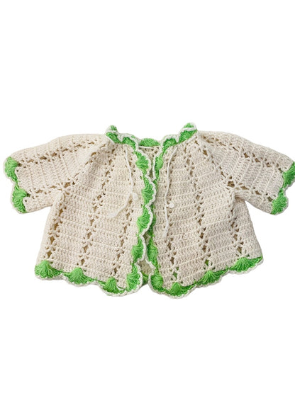 Vintage Hand Crocheted Baby Sweater Cream Green Trim Tie Closure Cardigan 12-24 Mos