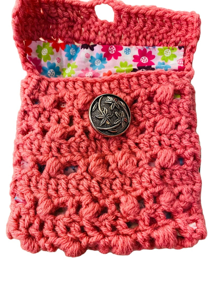 Handmade Crochet Pouch Pink Lined Floral Accessory Silvertone Button Closure 5.5"h x 5"w