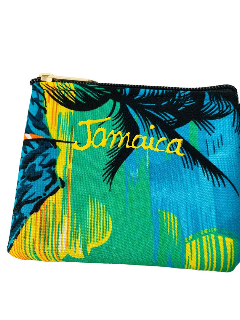 Jamaica Souvenir Small Tropical Print Fabric Wristlet Zip Top 4.75"w x 3.75"h