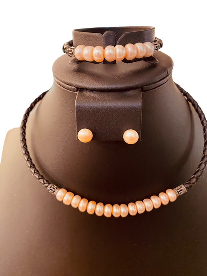 New Jewelry Set 8mm Pink Pearls Bracelet Earrings Necklace Braided Black Leather 925 Sterling Silver