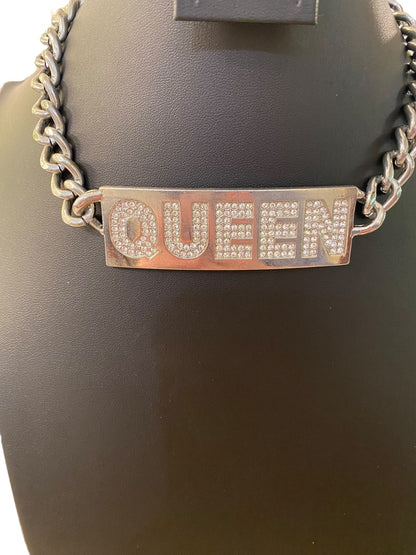 "QUEEN" Silvertone Embellished Chunky ID Style Choker Necklacce 16"