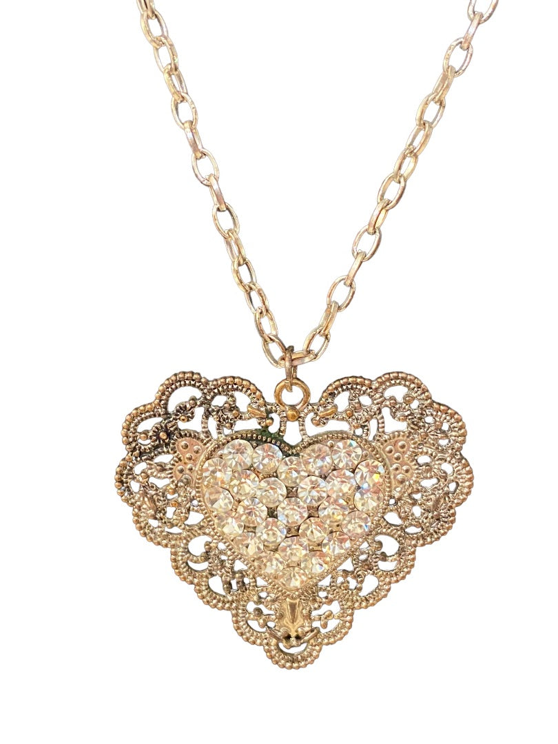 Silvertone Heart Medallion 27" Necklace Dramatic Filagree Look Pendant 2.25" Drop Lobster Clasp