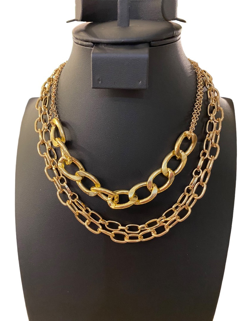 Layered Goldtone Chunky Chain Necklace Statement Lobster Clasp Closure 16"