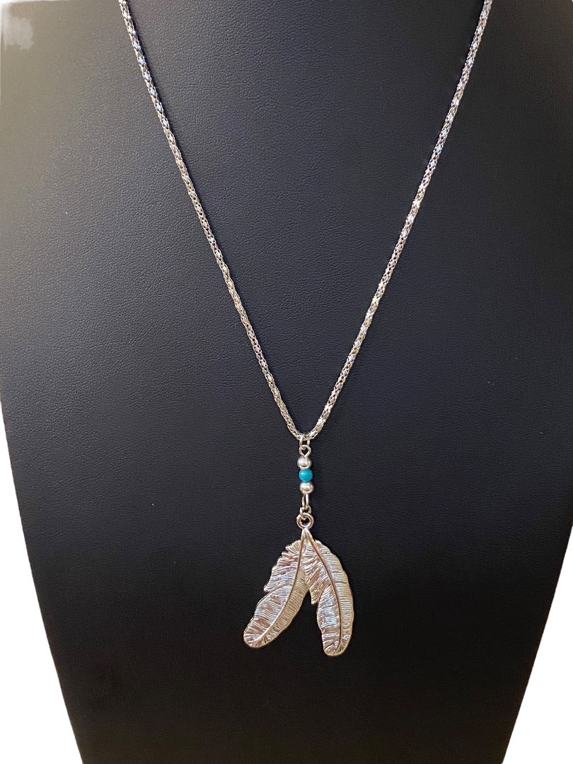 Silvertone Double Feather Necklace 19" Pendant Drop 2.5" Turquoise Color Bead