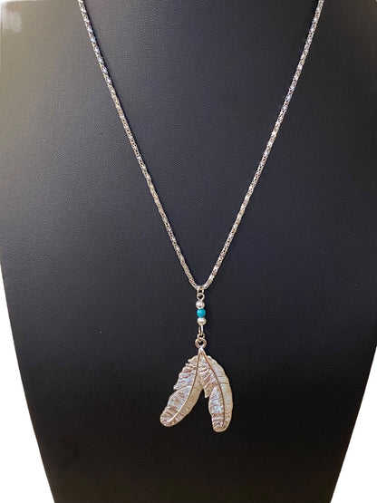 Silvertone Double Feather Necklace 19" Pendant Drop 2.5" Turquoise Color Bead