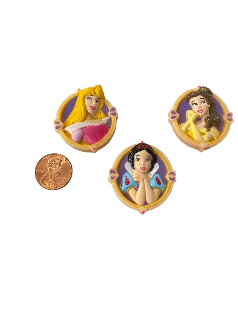 Set of 3 Disney Clip On Button Princess Snow White Belle Aurora 1.5" Diameter Slide On