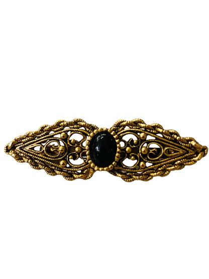 Vintage Victorian Style Brooch Goldtone Black Pin Filigreee Intricate 2" Length