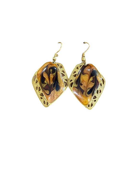 Vintage Gold Tone Retro Dangle Brown Enamel Swirl Pierced Earrings