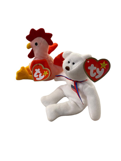 Ty Teenie Beanie Babies Strut the Rooster and Libearty the Bear 5" Plush Tgs