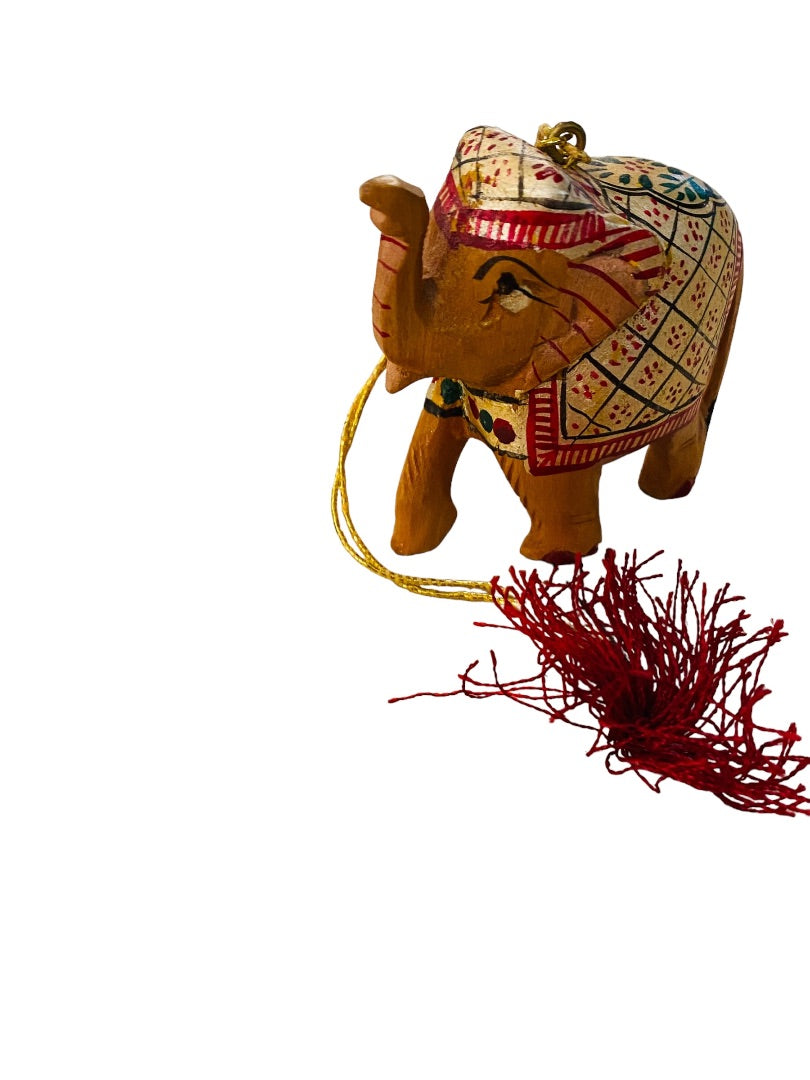 Wooden Elephant Ornament Painted Truck Up Red Gold Tassel 2.2"h Holiday