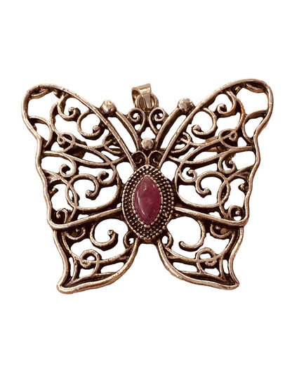 Silvertone Butterfly Pendant Brooch Purple Jewel 1.5" Filigree Style