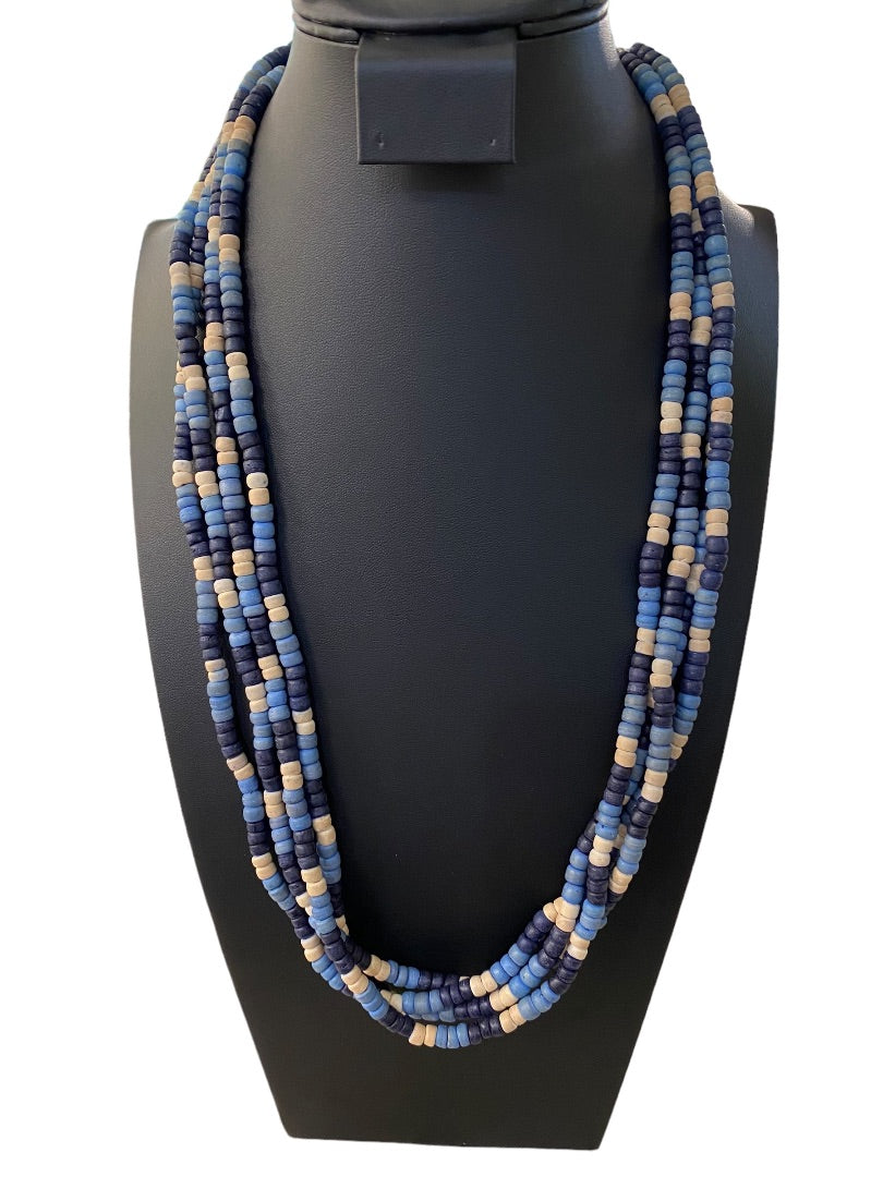 Vintage 1970s Blue Wooden Bead Statement Necklace Hook Closure Four Strand 27"