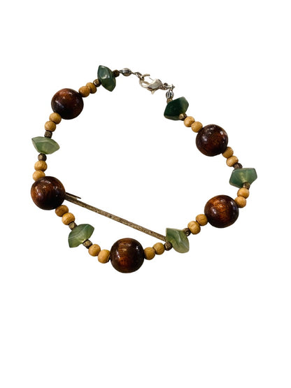 Wood Bead and Green Stone Bracelet 9" Lobster Clasp Lightweight Boho Style