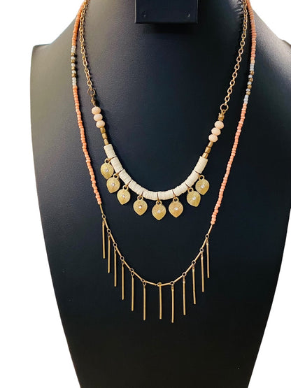 Dual Strand Layered Necklace Pink Seed Beads Goldtone 18-20"